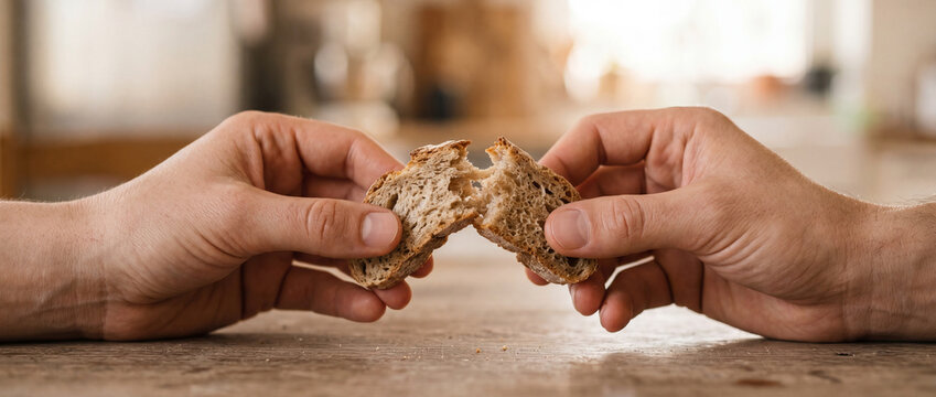 Two hands breaking bread over a rustic table symbolizing sharing, friendship and simple food