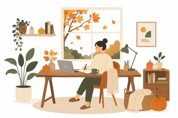 Fototapeta premium Minimal Scandinavian Cozy Autumn Workspace Illustration with Woman Working by Window