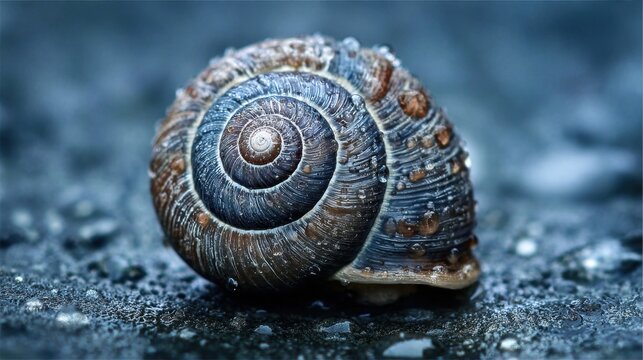 Detailed macro photograph of a snail shell with a prominent spiral pattern, covered in dew drops, resting on a textured surface.