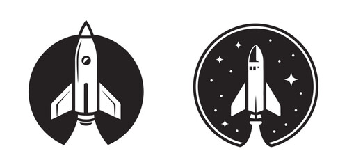Rocket ship icon set, starry night sky, space exploration symbols, space travel and astronomy logos, cosmic adventure graphics, editable vector illustration. ©   