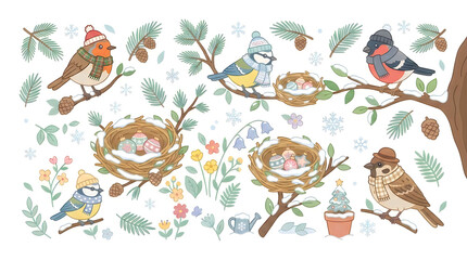 Fototapeta premium Cute Colorful Cartoon Birds Collection – Flat Vector Bird Clipart Set with Floral Branches, Spring Nature Illustration