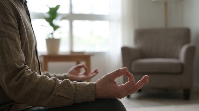 Person meditating indoors with relaxed posture and hands raised