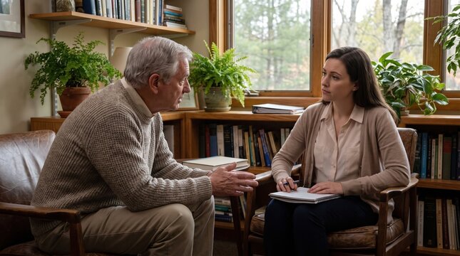 Elderly man and young woman in thoughtful conversation indoors