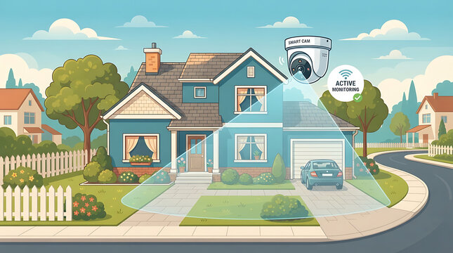 A suburban house with a smart security camera system monitoring the driveway and property.
