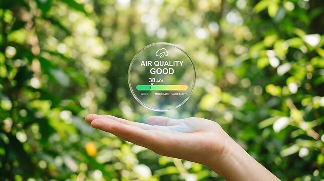 Hand holding a transparent glass sphere showing good air quality status