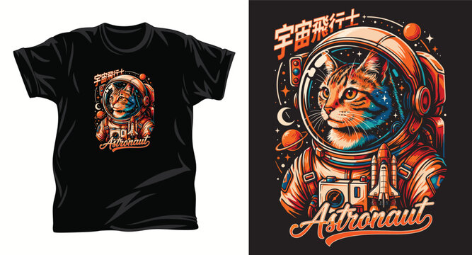 Cute cat astronaut in space suit with rocket ship graphic design.