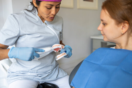 Dentist explaining oral hygiene to a patient