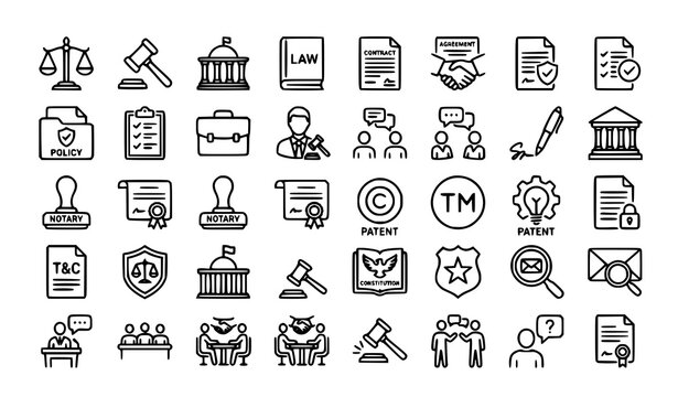 A professional vector illustration featuring a collection of 30 policy, law, and legal thin line icons arranged in a clean 5&times;6 grid on a solid white background. Icons include justice scales, judge gav