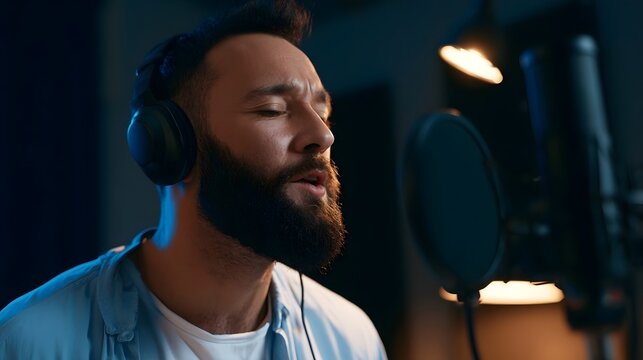 A voice actor records nar n inside a modern soundproof studio environment with professional lighting for creative workflow