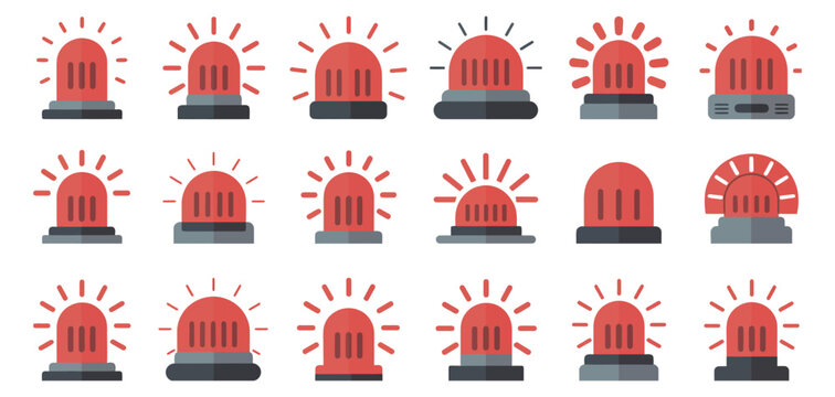 Red emergency siren icon set, police flasher symbols, security alarm alerts, safety notification signs, warning system graphics, editable vector illustration