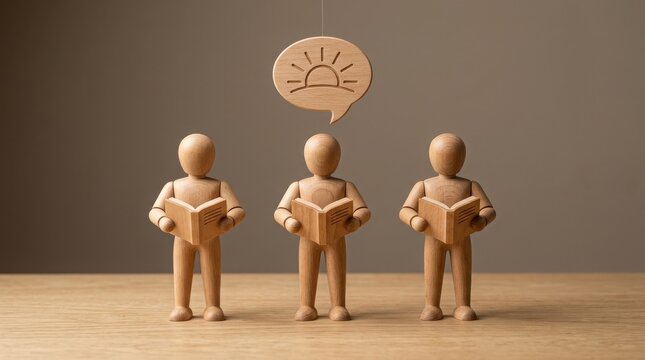 Wooden figures reading books together. Concept of education and learning with group study.