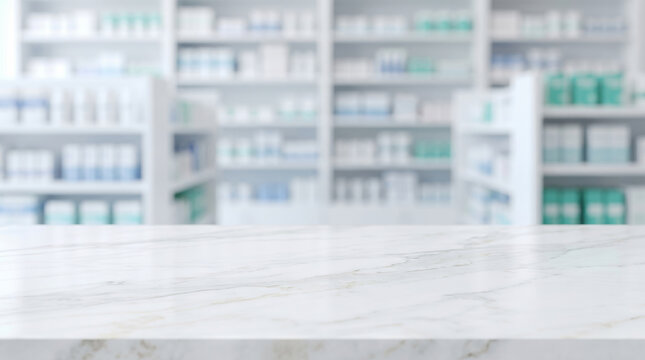 Science lab empty table background marble surface mockup with pharmacy medicine shelf blur background. Scientific chemistry research laboratory. modern clean interior room, equipment blur