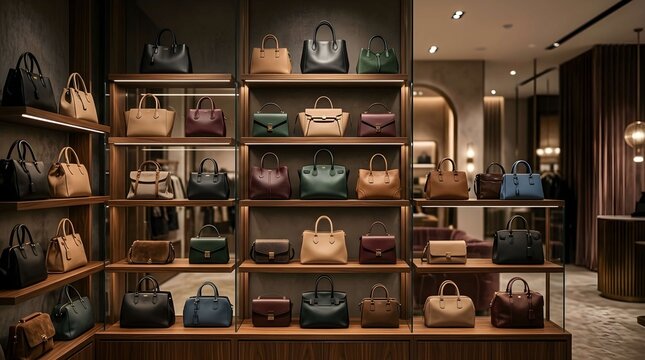 Luxury handbag store display interior.