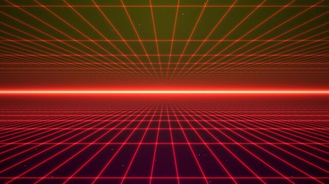 Vibrant retro-futuristic synthwave digital landscape featuring a dense glowing neon grid horizon under a purple twilight sky with geometric mountains and stylized electronic aesthetic.