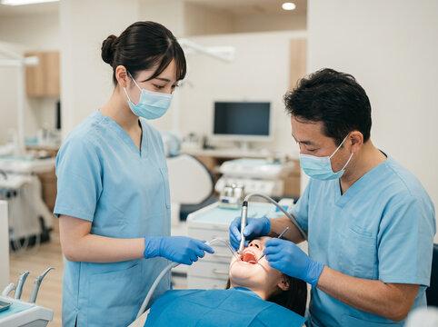 歯の治療中にバキューム操作で歯科医を補佐するスクラブ姿の女性