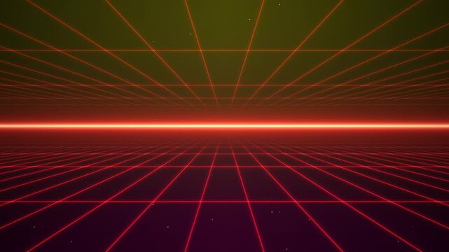 Vibrant Synthwave Retro Landscape with Neon Pink Sun and Blue Mountain Peaks over Digital Grid Horizon in 80s Cyberpunk Aesthetic Background Art