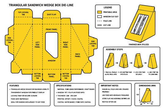 Triangular sandwich wedge box packaging die line template Vector