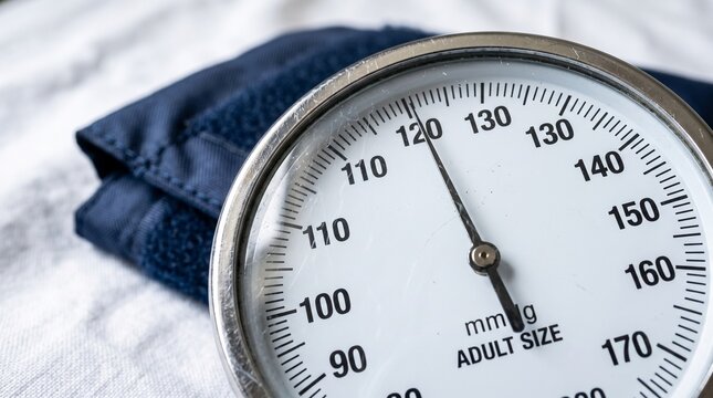 Close up of analog blood pressure gauge and cuff.