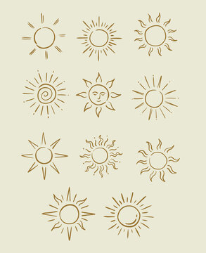 Hand drawn sun doodle. Sun line art icons.