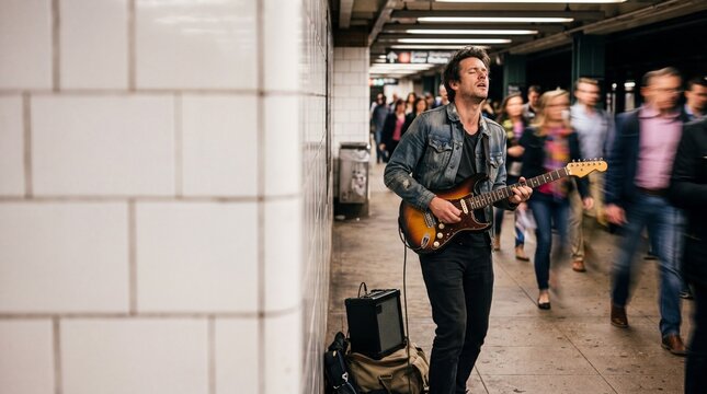 Street musician performing with electric guitar in urban subway station