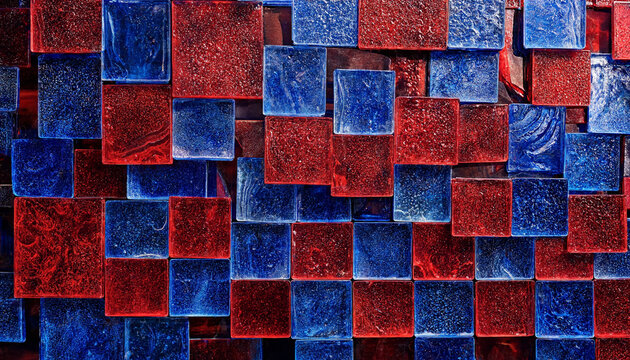 Top view macro texture of square glass mosaic tiles in vibrant cobalt blue and ruby red pattern suitable for bathroom or kitchen splashback designs