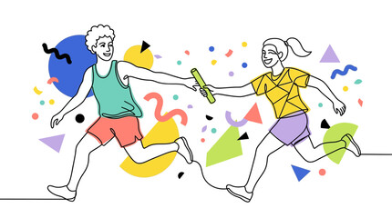 Fototapeta premium Team members exchange a baton during a fast-paced relay sprint illustrated with colorful abstract elements.
