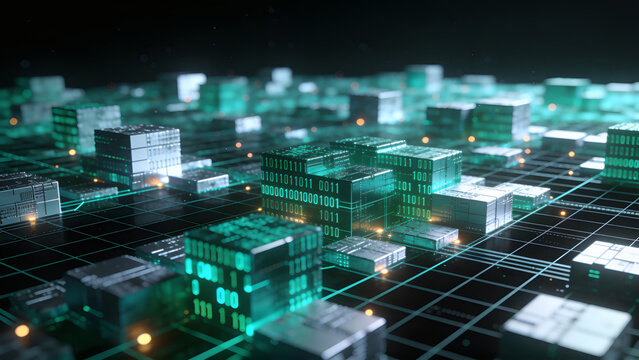 Isometric 3d rendering of digital smart city grid with glowing binary code data structures.