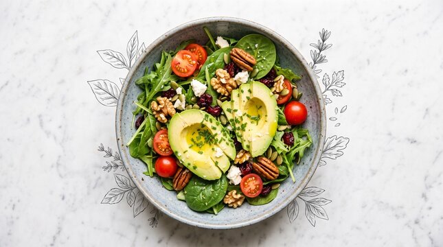 Fresh avocado salad bowl with cherry tomatoes and walnuts, healthy vegan meal with green arugula and spinach, nutritious keto diet food isolated PNG with Transparent Background