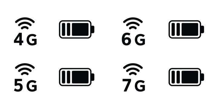 4G 5G 6G 7G mobile network signal icons with battery status indicators for wireless communication and smartphone interface design