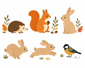 Obraz premium Minimal Scandinavian Woodland Animals Collection with Squirrel, Rabbit, Hedgehog and Garden Birds