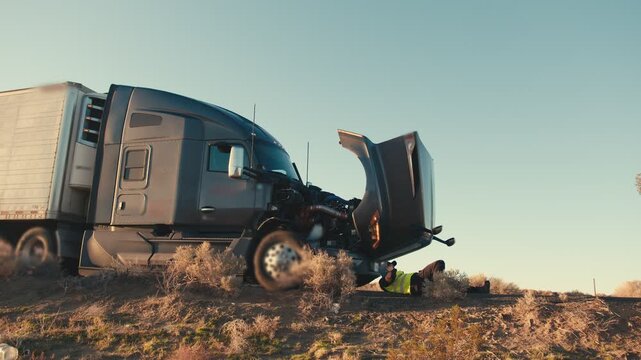 Truck driver inspecting a broken down semi truck engine