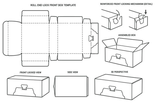 Roll end lock front box die cut template and assembly guide Vector