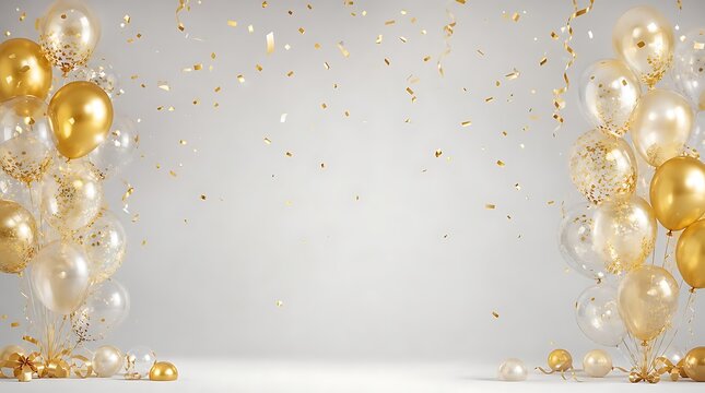 Gold balloons and confetti falling on a light background with balloons, confetti
