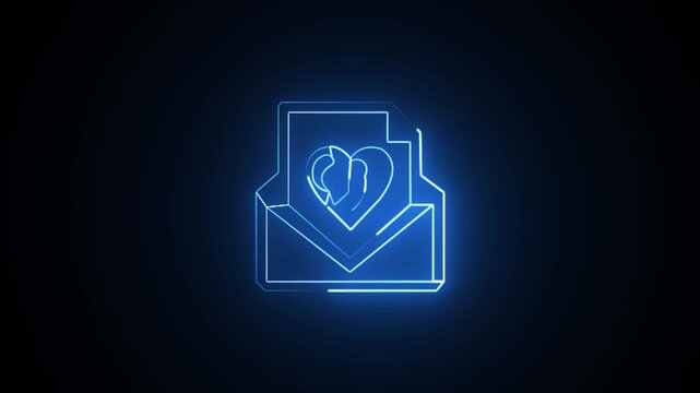 Neon blue glow illuminates abstract animation of a heart symbol within an open envelope, representing digital love messages and online connections