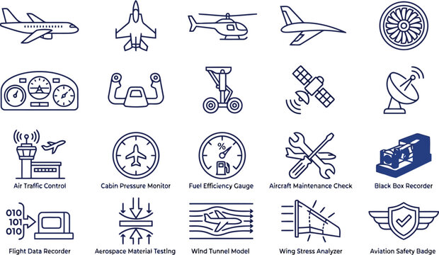 Aviation and aerospace technology set featuring aircraft, flight instruments, maintenance tools, and air traffic control equipment