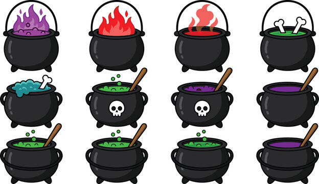 Halloween witch cauldron vector icon set featuring boiling potions fire flames skulls and bones isolated on white background for spooky holiday decorations
