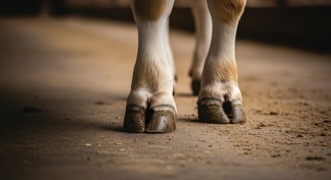Detailed close-up view of a cattle's cloven hooves stepping on the dusty farm ground