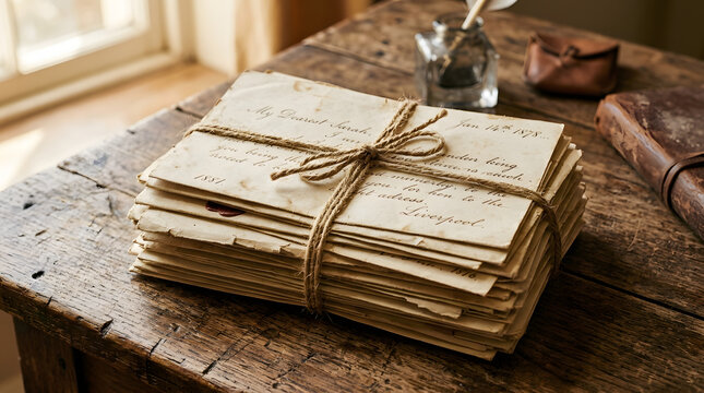 Vintage stack of letters and antique inkwell on rustic wooden table