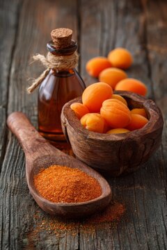 apricot kernel extract on a wooden background. Generative AI