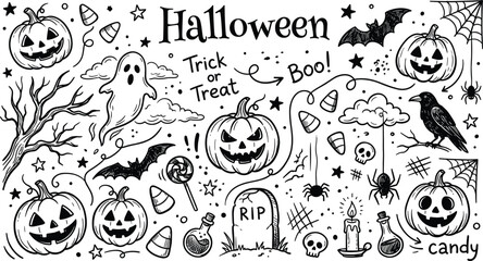 Halloween doodle vector set with spooky elements including jack o lanterns ghosts bats spiders candy corn tombstones and creepy hand drawn holiday decorations © MdRobiul