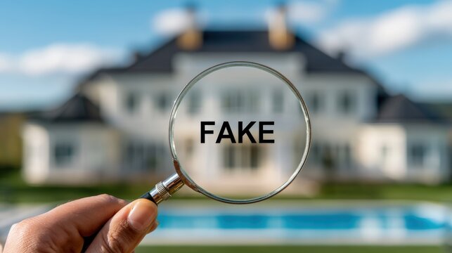A hand holds a magnifying glass focusing on the word "FAKE" in front of a blurred luxury house.