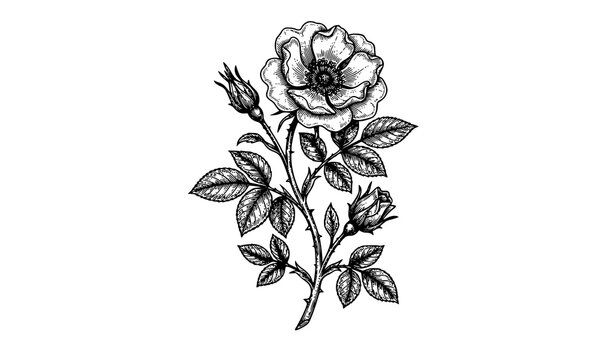 Detailed black and white vintage style botanical illustration of a blooming wild rose branch with thorns, leaves, and two flower buds.