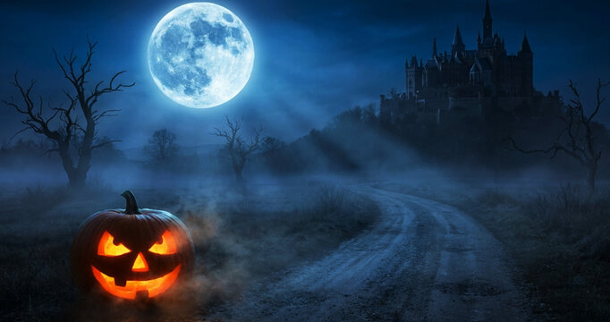 A spooky Halloween scene featuring a carved pumpkin with a sinister grin in the foreground, under a bright full moon and a dark castle in the background.
