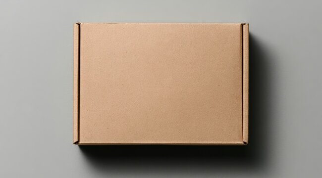 A plain, closed, rectangular cardboard box is placed on a neutral gray surface with soft lighting.
