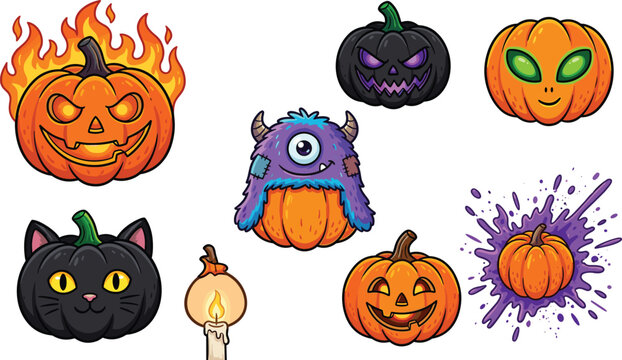 Spooky Halloween pumpkin vector icon set featuring burning fire flame alien face monster cat and purple slime paint splash expressions isolated on white background