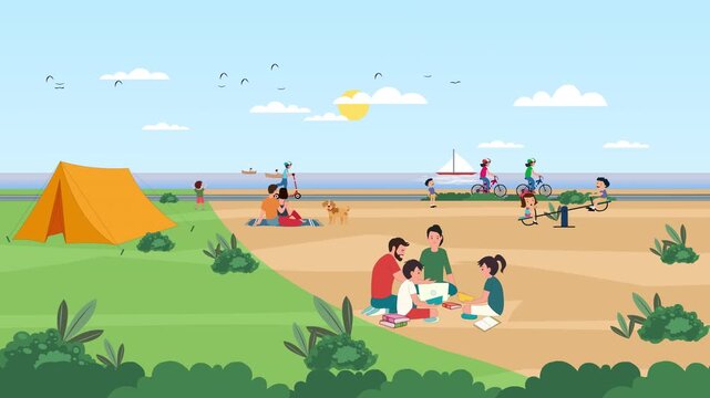 Animation of  Family Picnic on a Sunny Beach With Camping Tent, Bicycles, Children Playing and a Sailboat