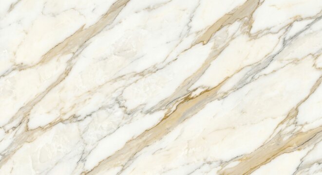 Ultra realistic premium Italian Calacatta Gold marble slab, pure white base with subtle warm ivory undertones, expansive clean white background, long flowing diagonal champagne gold veins, soft beige 