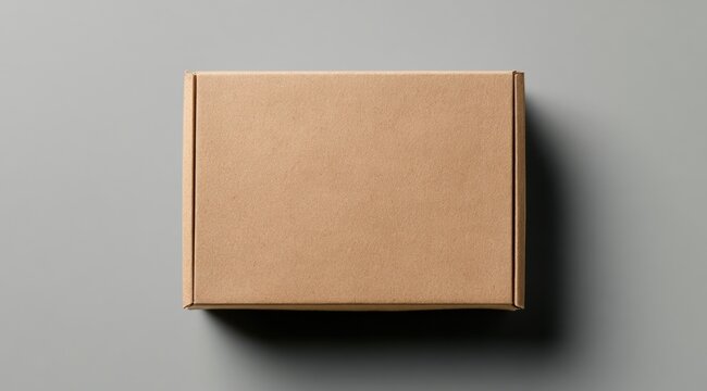A closed, plain brown cardboard box on a gray surface, viewed from above with soft shadows.
