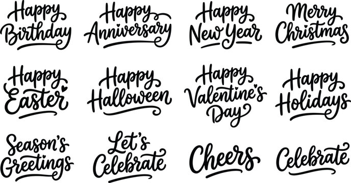 Collection of hand lettered holiday and celebration phrases including happy birthday, anniversary, new year, christmas, easter, and halloween