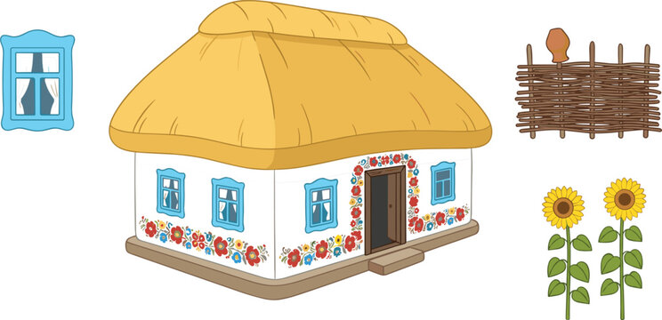 Traditional Ukrainian Khata House Vector Set with Floral Petrykivka Ornaments Straw Thatched Roof Sunflowers and Wattle Fence (16 words)